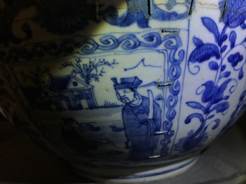 A large Chinese blue and white kraak porcelain bowl with figurative panels, Wanli