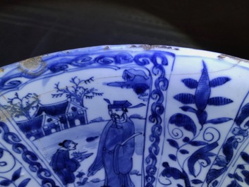 A large Chinese blue and white kraak porcelain bowl with figurative panels, Wanli