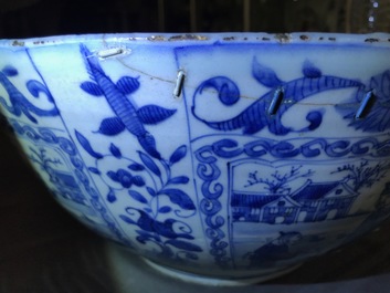 A large Chinese blue and white kraak porcelain bowl with figurative panels, Wanli
