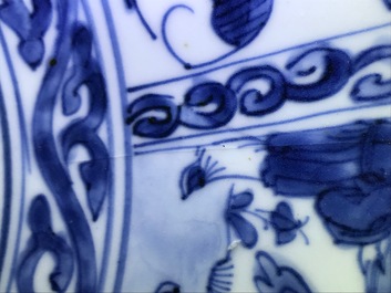 A large Chinese blue and white kraak porcelain bowl with figurative panels, Wanli