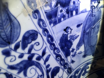 A large Chinese blue and white kraak porcelain bowl with figurative panels, Wanli