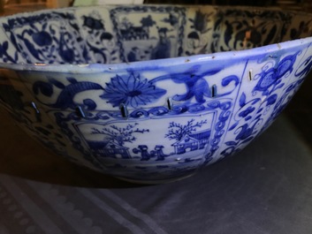 A large Chinese blue and white kraak porcelain bowl with figurative panels, Wanli