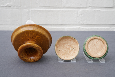 A Chinese marbled ware stem bowl and box with cover, Song or later