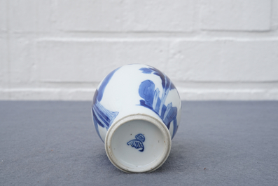 A Chinese 'milk and blood' dish, a blue and white klapmuts bowl and a tea caddy, Kangxi