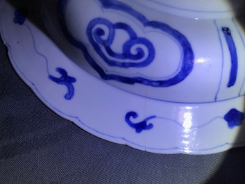 A Chinese 'milk and blood' dish, a blue and white klapmuts bowl and a tea caddy, Kangxi