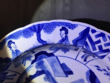 A Chinese 'milk and blood' dish, a blue and white klapmuts bowl and a tea caddy, Kangxi