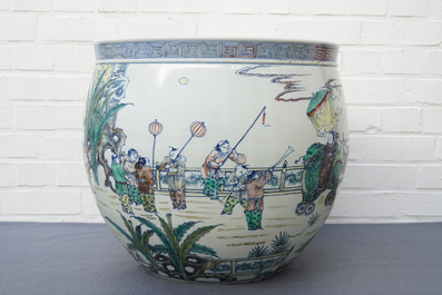 A large Chinese doucai 'hundred boys' fish bowl, 20th C.