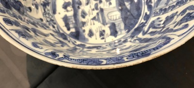 A Chinese blue and white figurative panel bowl, Wanli