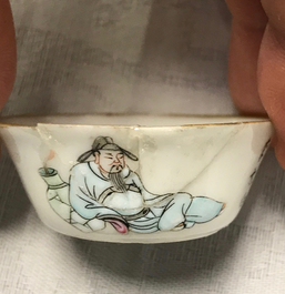 Two Chinese famille rose and verte cups and three small bowls, various marks, 18/19th C.