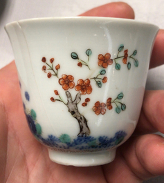 Two Chinese famille rose and verte cups and three small bowls, various marks, 18/19th C.