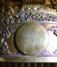 A Chinese gilt bronze bell in zitan suspension frame, Qianlong mark, 18/19th C.