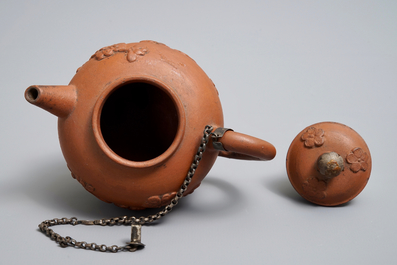 A Dutch Delft silver-mounted yixing style red earthenware teapot and cover, 1st quarter 18th C.