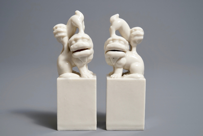A pair of Chinese Dehua blanc de Chine 'Buddhist lion' seals, Kangxi