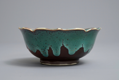 A Chinese brown ground turquoise flamb&eacute;-glazed lotus-shaped bowl, Yongzheng/Qianlong