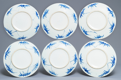 Zes Chinese blauwwitte schotels met feniksen, 19e eeuw