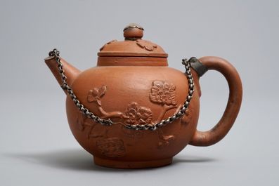 A Dutch Delft silver-mounted yixing style red earthenware teapot and cover, 1st quarter 18th C.