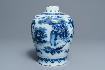A Dutch Delft blue and white chinoiserie vase, last quarter 17th C.