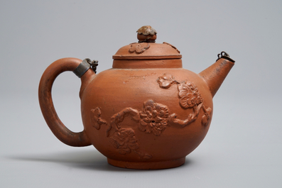 A Dutch Delft silver-mounted yixing style red earthenware teapot and cover, 1st quarter 18th C.