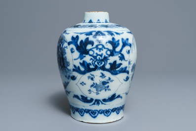 A Dutch Delft blue and white chinoiserie vase, last quarter 17th C.