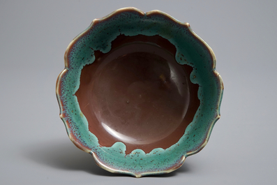 A Chinese brown ground turquoise flamb&eacute;-glazed lotus-shaped bowl, Yongzheng/Qianlong