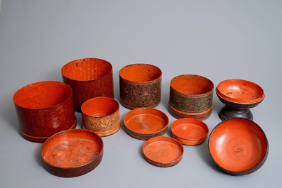 Two round lacquered betel boxes and an alms bowl and cover, Burma, 19/20th C.