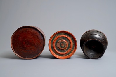 Two round lacquered betel boxes and an alms bowl and cover, Burma, 19/20th C.