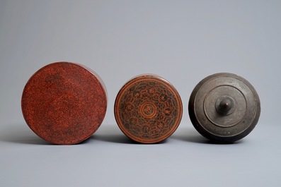 Two round lacquered betel boxes and an alms bowl and cover, Burma, 19/20th C.
