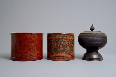Two round lacquered betel boxes and an alms bowl and cover, Burma, 19/20th C.