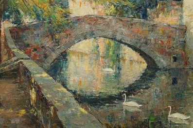 Verbrugghe, Charles (1877-1974): A view on the Meebrug in Bruges, oil on panel