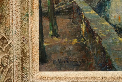 Verbrugghe, Charles (1877-1974): A view on the Meebrug in Bruges, oil on panel