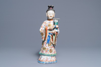 A large Chinese famille rose candle holder modelled as court lady, Qianlong