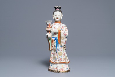 A large Chinese famille rose candle holder modelled as court lady, Qianlong