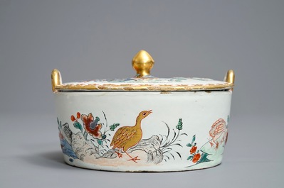 A polychrome petit feu and gilded Dutch Delft famille rose-style butter tub, 18th C.
