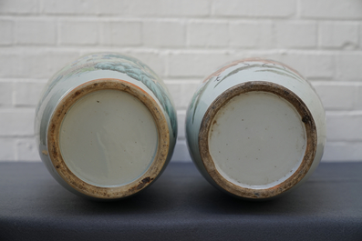 Two Chinese qianjiang cai vases with birds and landscapes, 19/20th C.