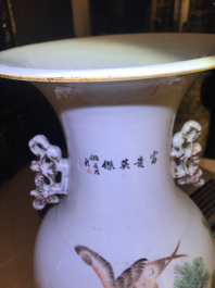 Two Chinese qianjiang cai vases with birds and landscapes, 19/20th C.