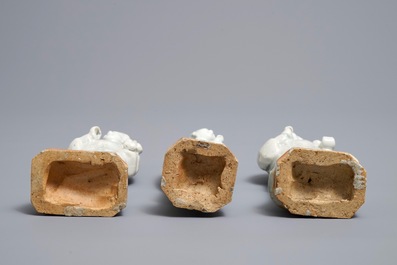 Three Chinese white- and celadon glazed biscuit figures, Qianlong
