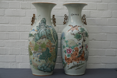 Two Chinese qianjiang cai vases with birds and landscapes, 19/20th C.