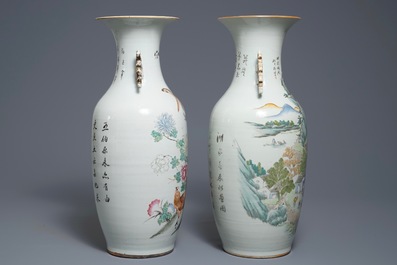 Two Chinese qianjiang cai vases with birds and landscapes, 19/20th C.