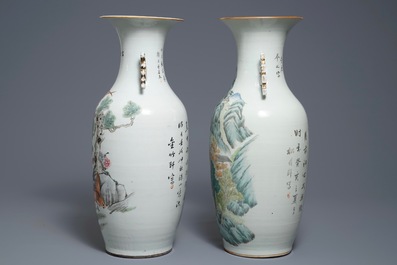 Two Chinese qianjiang cai vases with birds and landscapes, 19/20th C.