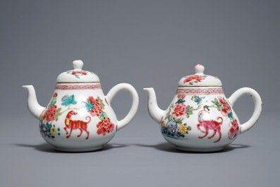 A pair of Chinese famille rose teapots with dogs, Yongzheng