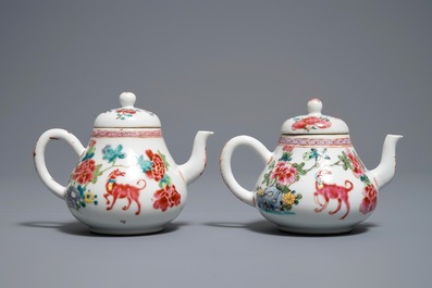 A pair of Chinese famille rose teapots with dogs, Yongzheng