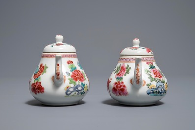 A pair of Chinese famille rose teapots with dogs, Yongzheng