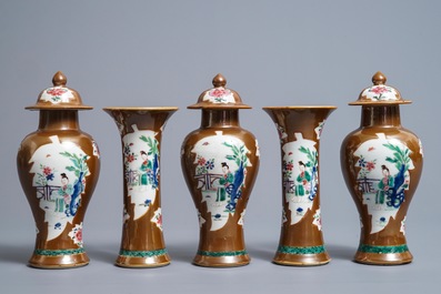 A Chinese famille rose capucin-ground five-piece garniture, Qianlong