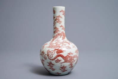 A Chinese underglaze red bottle-shaped 'dragon' vase, 19/20th C.