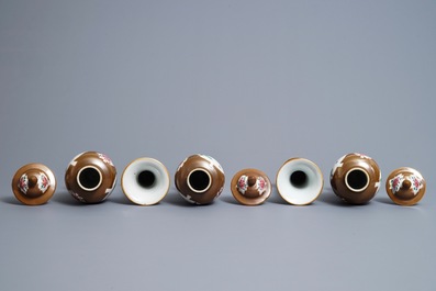 A Chinese famille rose capucin-ground five-piece garniture, Qianlong