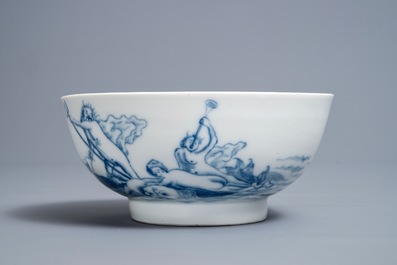 A Chinese blue and white mythological bowl depicting Neptune, Qianlong