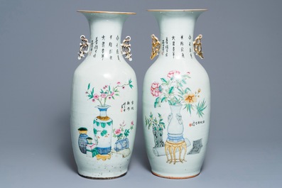 Two Chinese famille rose two-sided design vases, 19/20th C.