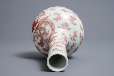 A Chinese underglaze red bottle-shaped 'dragon' vase, 19/20th C.
