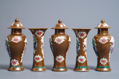 A Chinese famille rose capucin-ground five-piece garniture, Qianlong