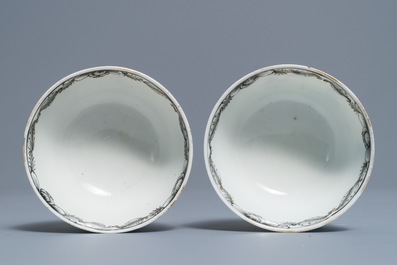 A pair of Chinese grisaille and gilt cups and saucers, Qianlong